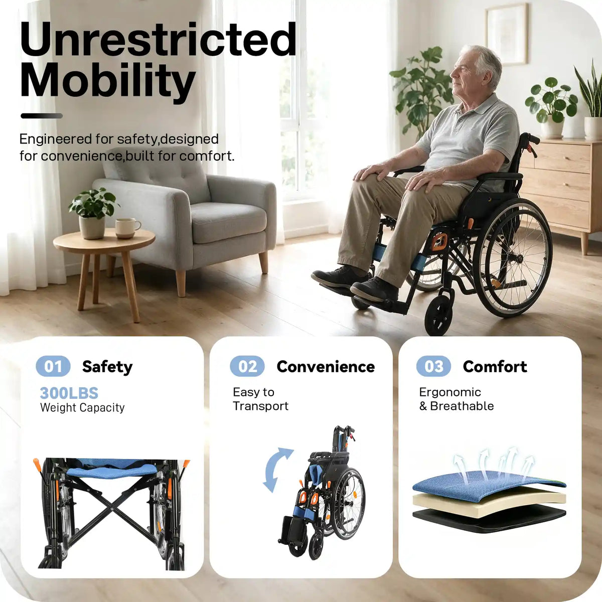 Manual Wheelchair for Adults with Quick-Release 24" Rear Wheels
