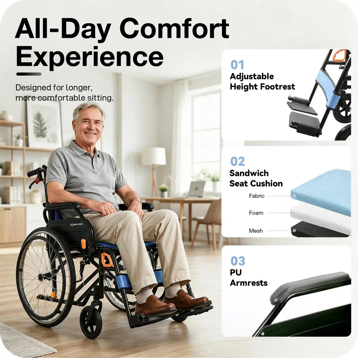 Manual Wheelchair for Adults with Quick-Release 24" Rear Wheels