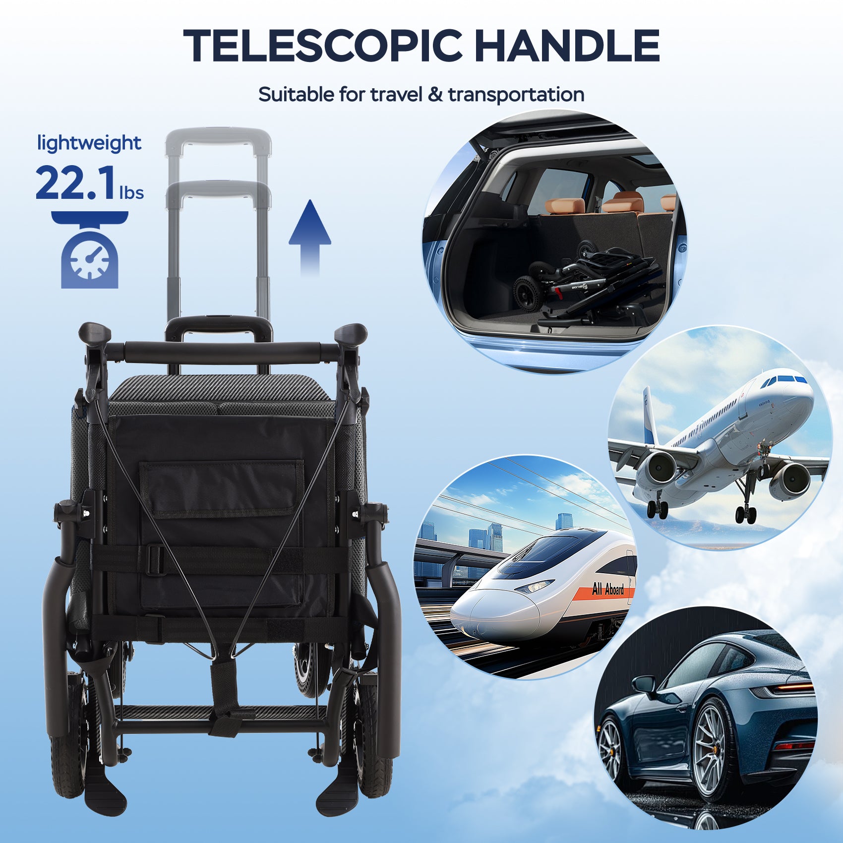 travel wheelchair with telescopic handle#a09 black