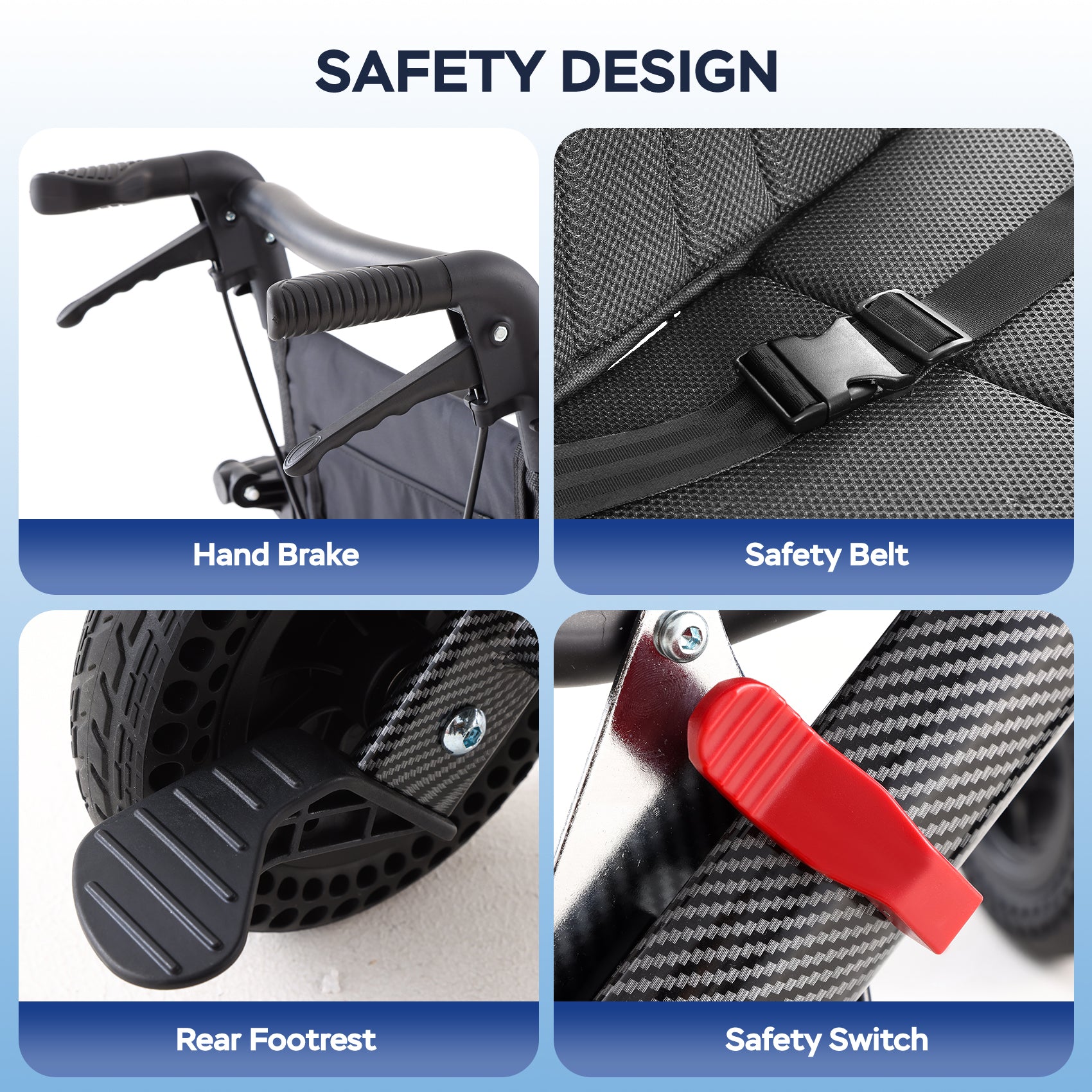 transport chair with hand brake, safety belt, rear foorest and safety switch#a09 black