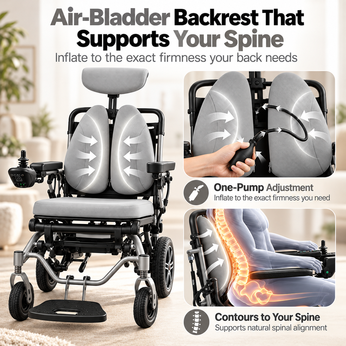 Reclining Electric Wheelchair with Adjustable Backrest & Inflatable Lumbar Support