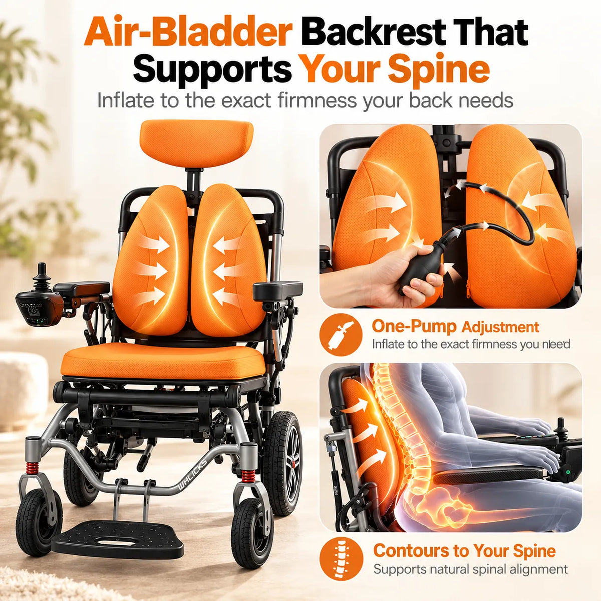 Reclining Electric Wheelchair with Adjustable Backrest & Inflatable Lumbar Support