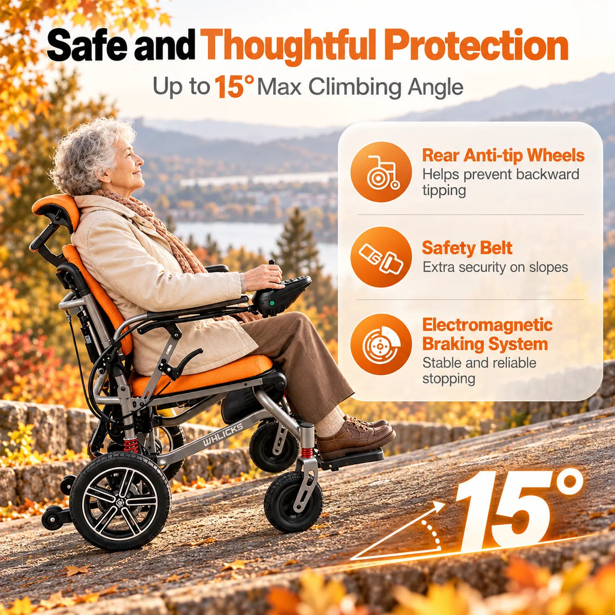 Reclining Electric Wheelchair with Adjustable Backrest & Inflatable Lumbar Support