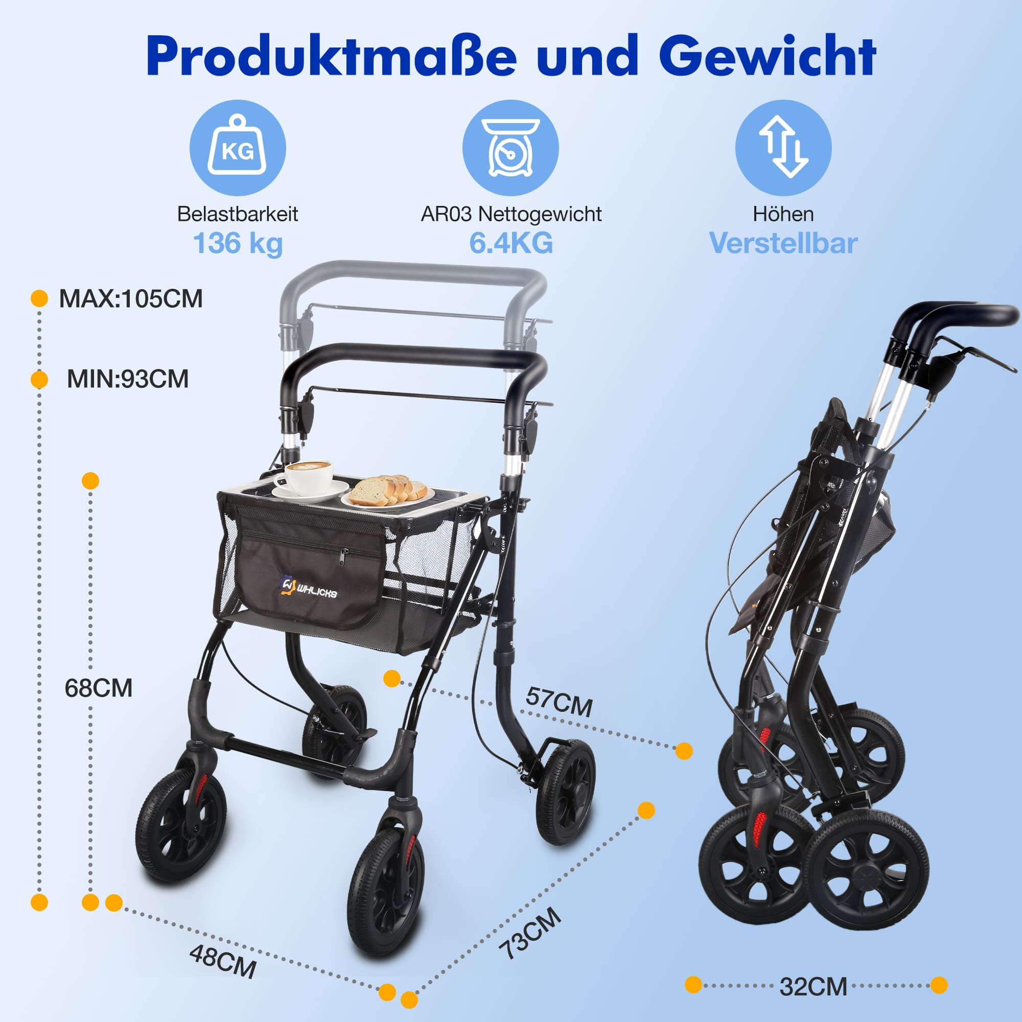 Lightweight Rollator Walker with Soft Wheels & Adjustable Height