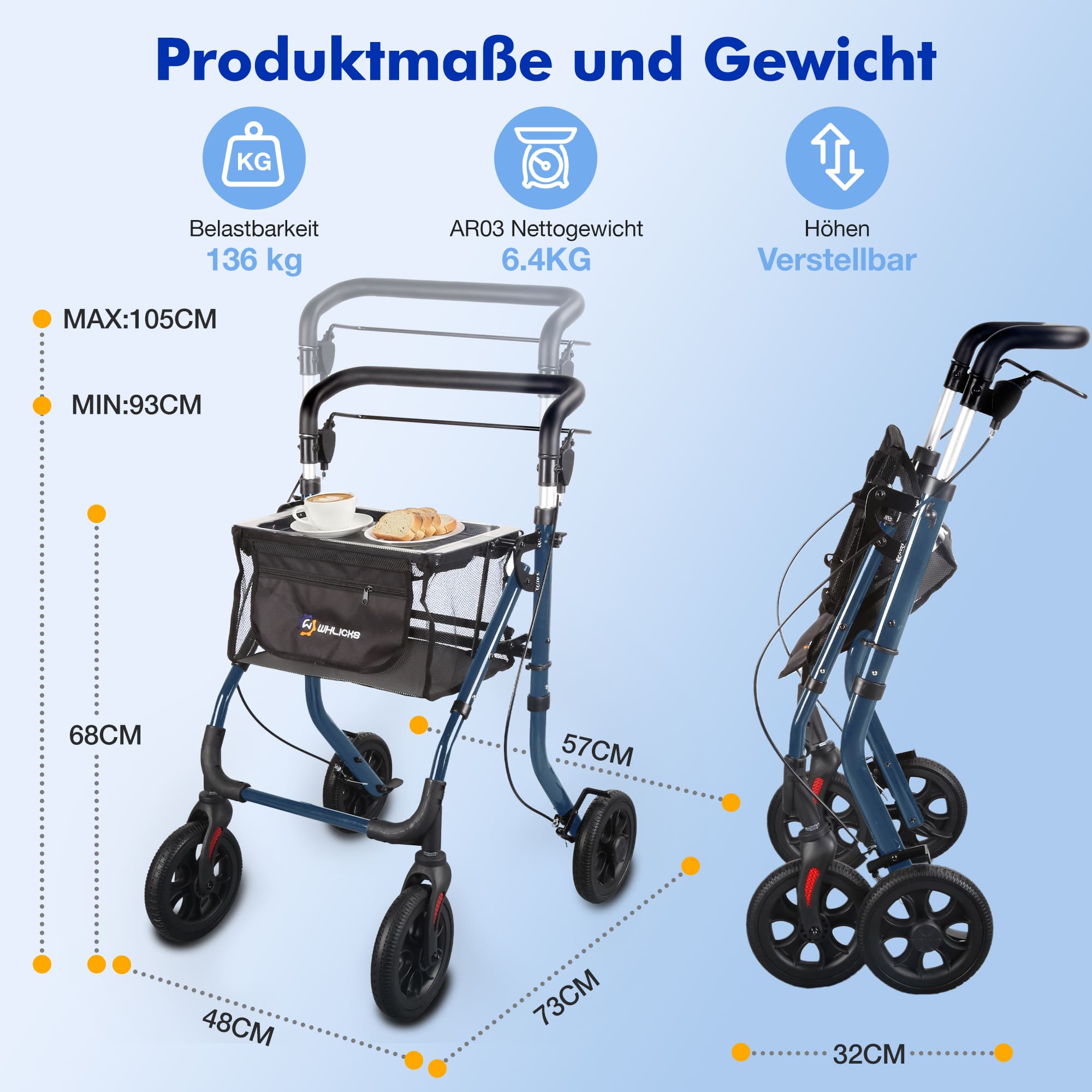 Lightweight Rollator Walker with Soft Wheels & Adjustable Height