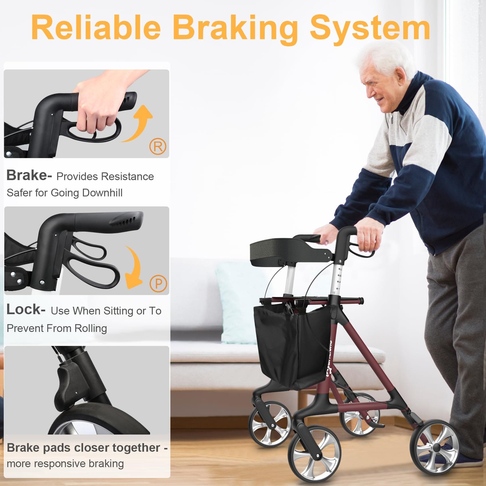 Man using a walker with reliable braking system features highlighted#color_red
