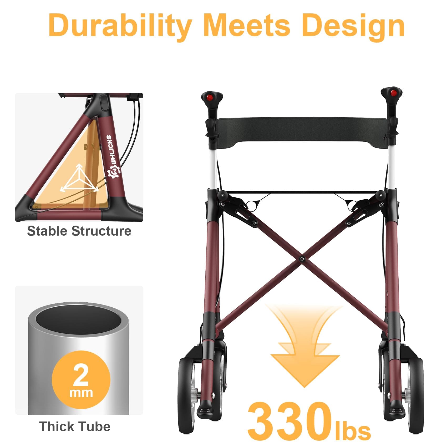 Red walker with stability features highlighted on a white background#color_red