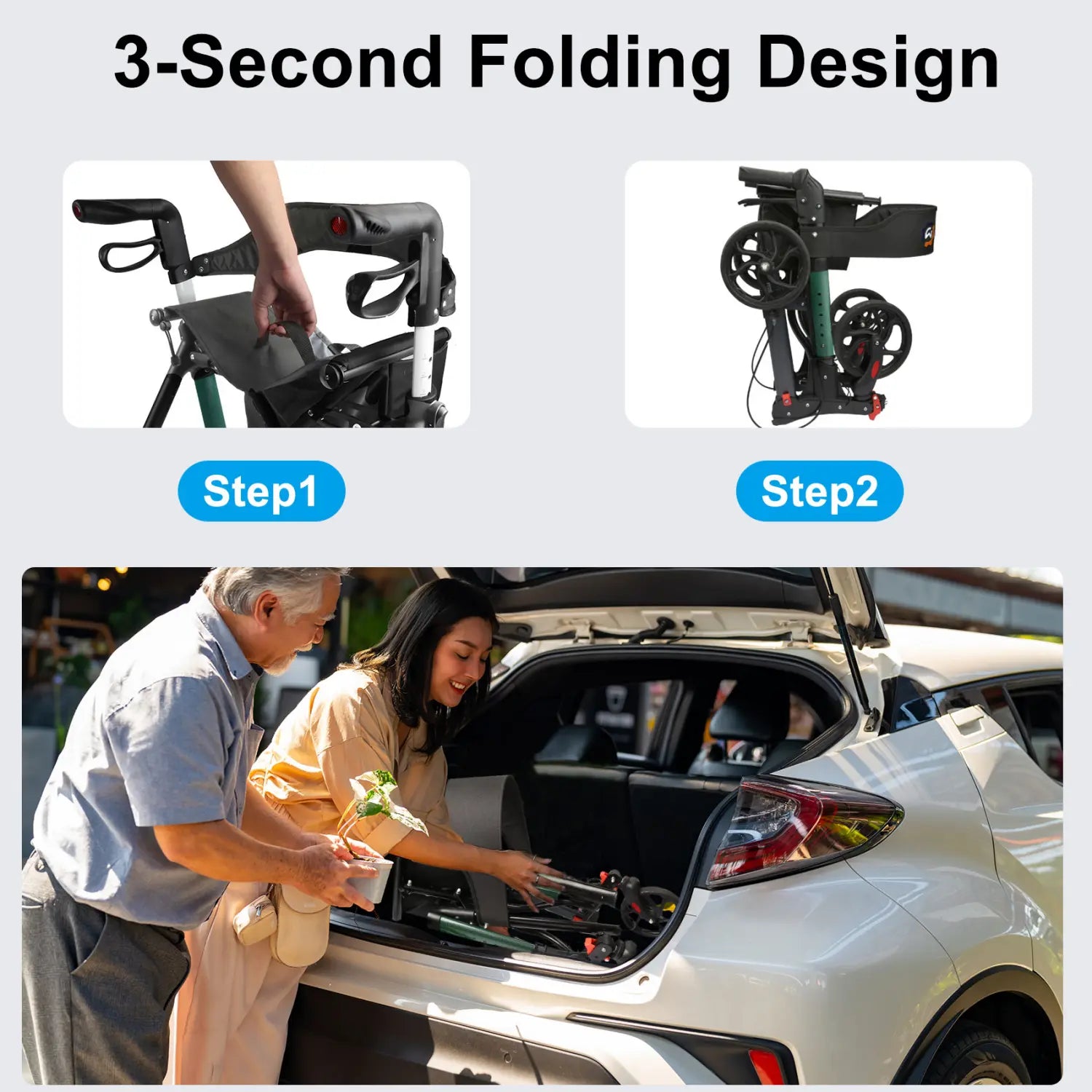 3-in-1 Heavy-Duty Foldable Rollator with Adjustable Handle Height, Supports 450 lbs