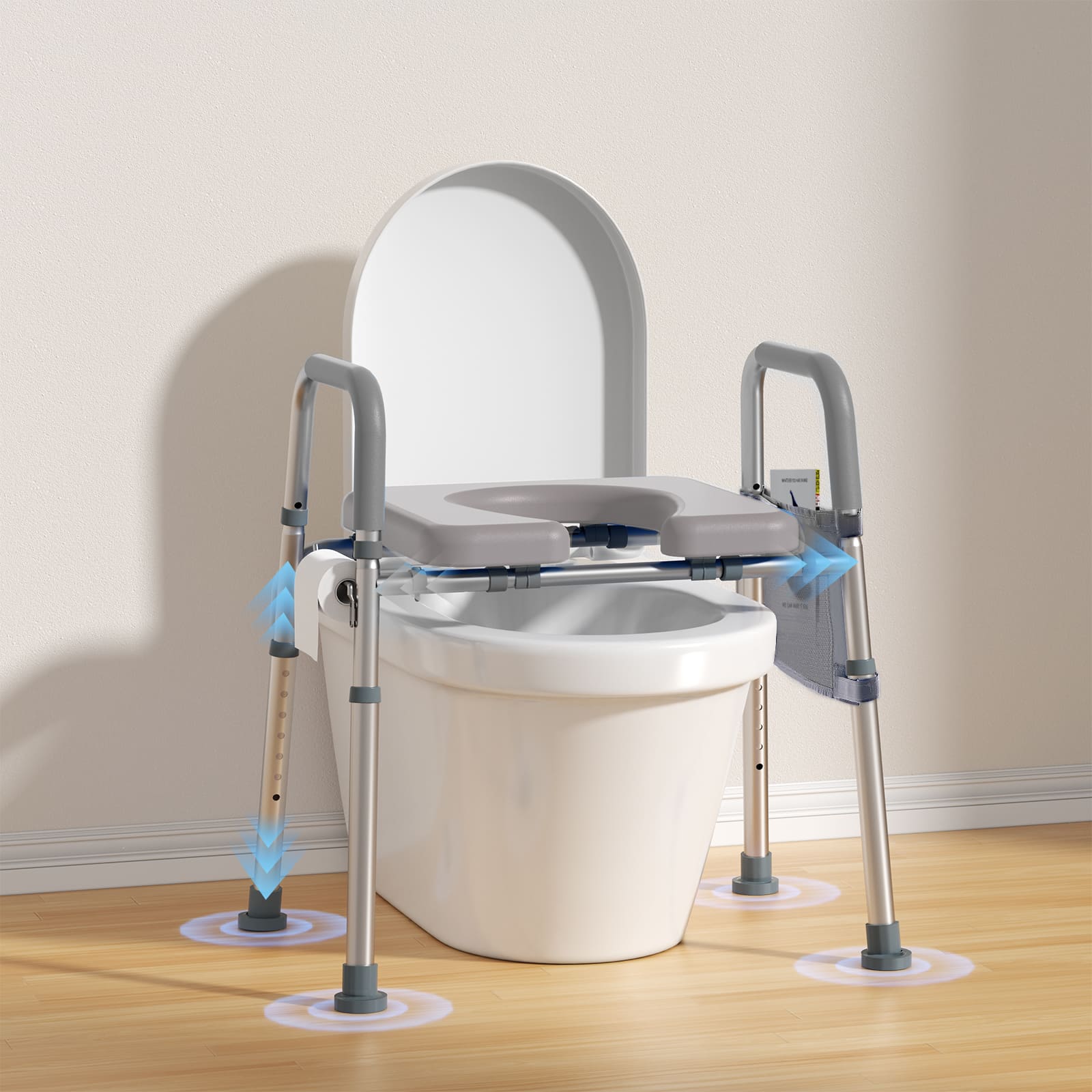 Toilet safety frame with adjustable legs on a wooden floor#color_gray