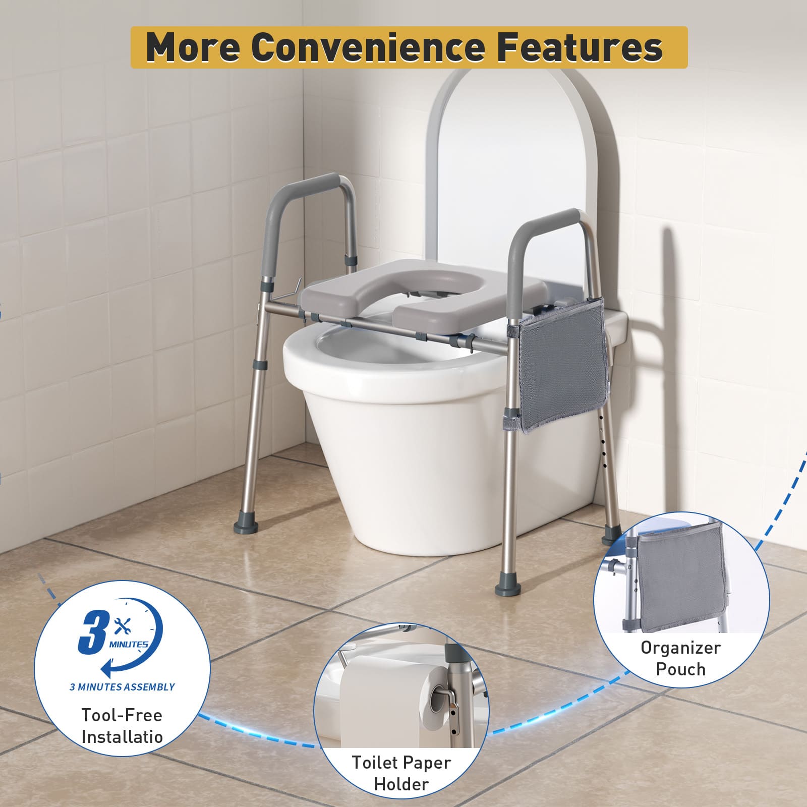 Bathroom setup with a commode chair and walker