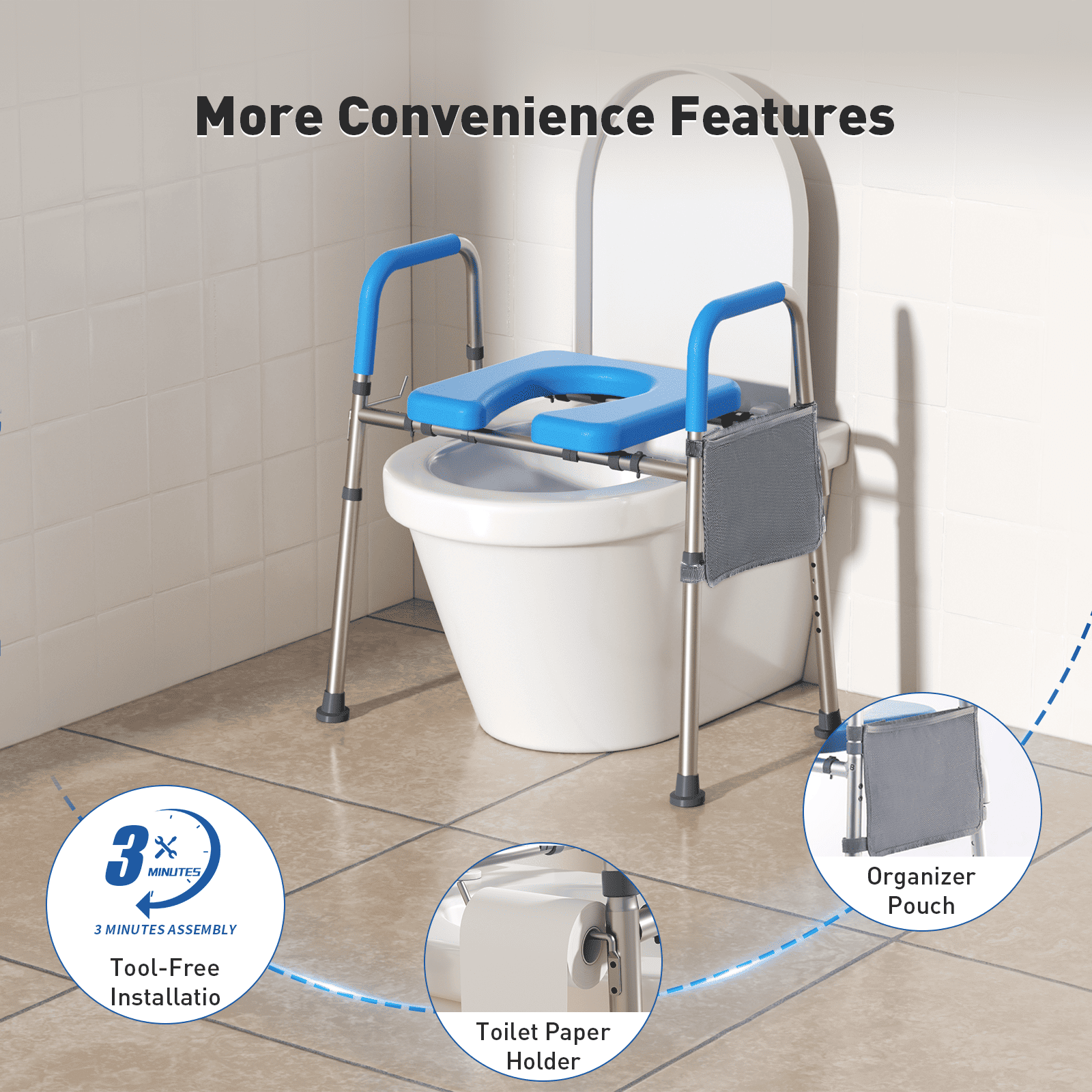 Whlicks Toilet Handrail featuring convenience, tool-free installation and an organizer pouch