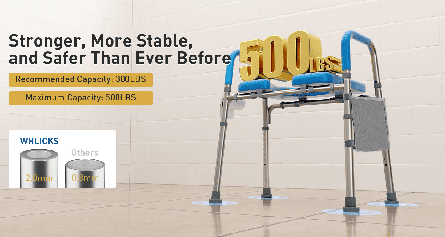 Walker with '500 lbs' capacity sign on a tiled floor, WHLICKS branding visible.