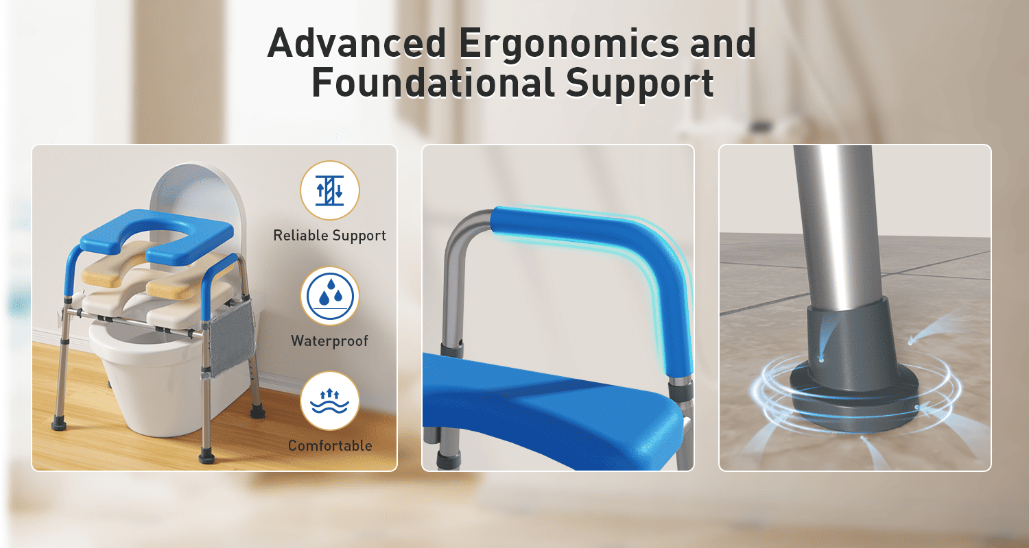 Product features with text 'Advanced Ergonomics and Foundational Support' on a neutral background.