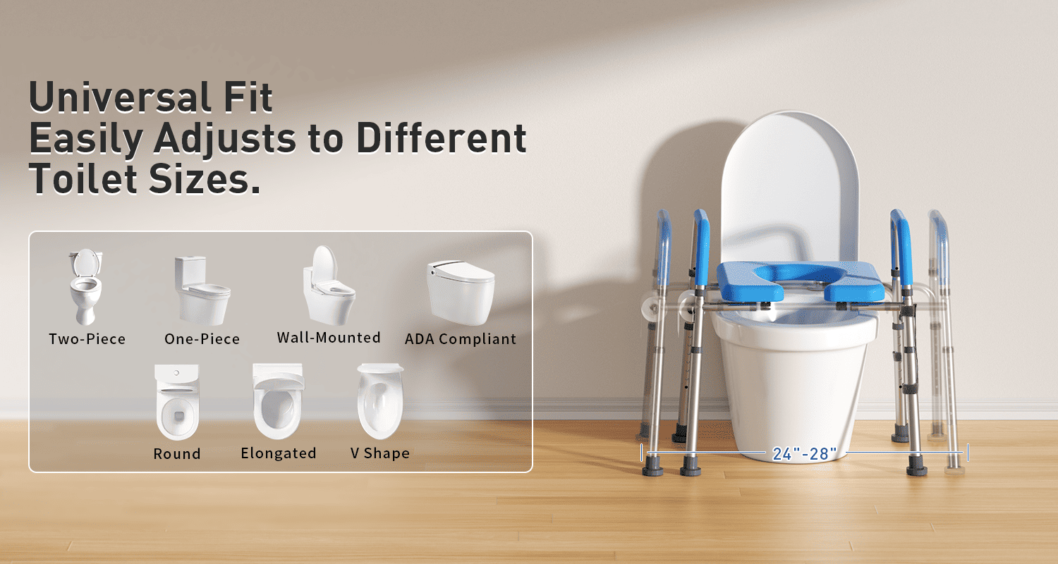 Adjustable toilet seat with stand and diagram of different toilet types on a wooden floor.