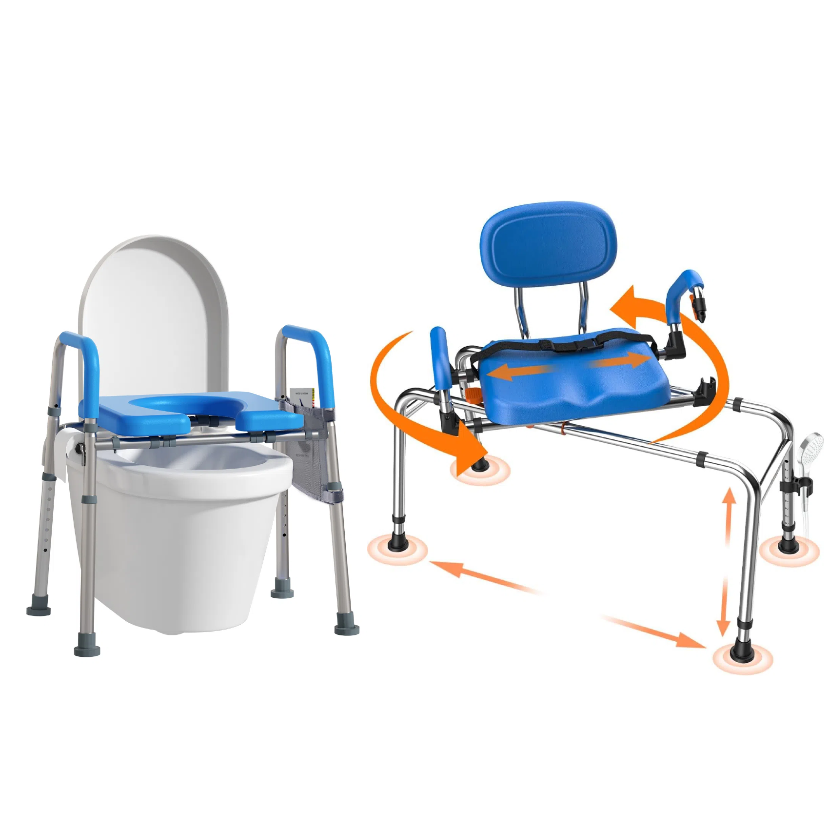 Mobility aid chair with adjustable legs and blue seat on a white background