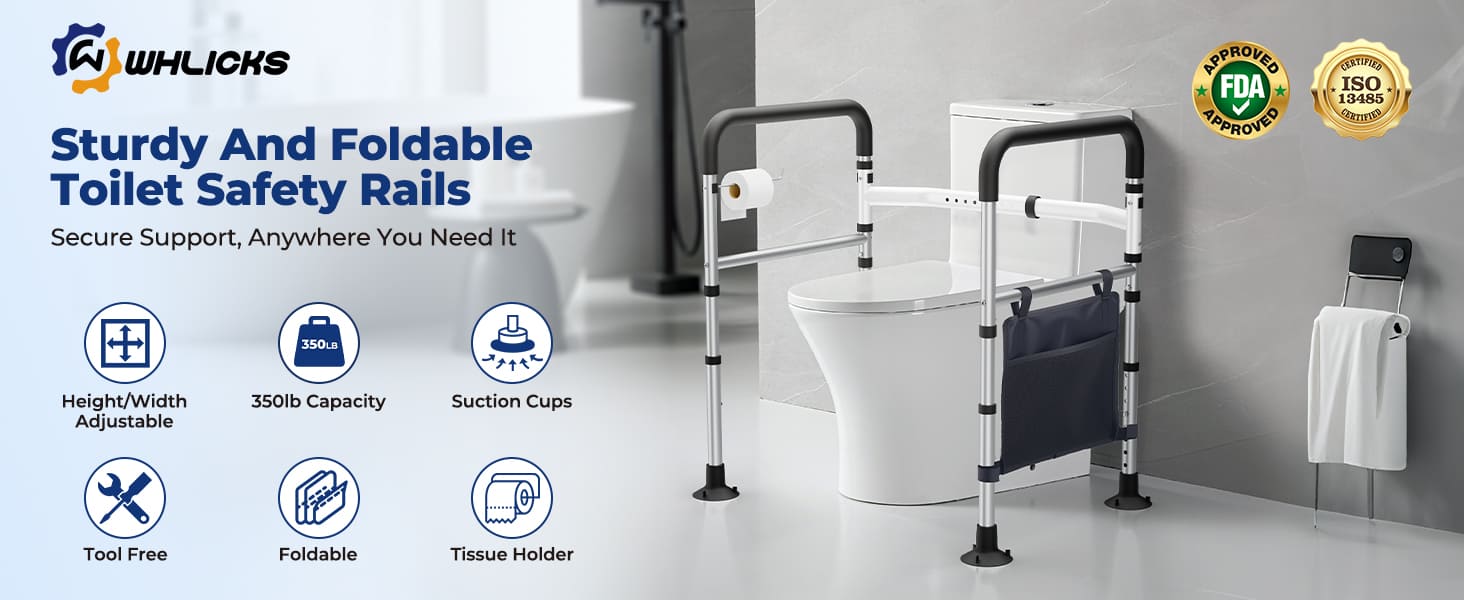 Sturdy and foldable toilet safety rail with WHLICS branding and product features on a bathroom background.