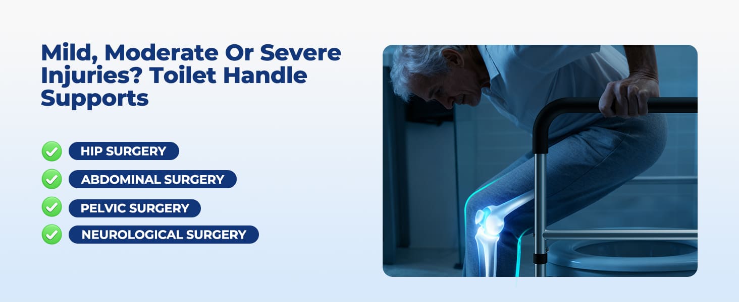 Advertisement for toilet handle supports with text and a person using a walker.
