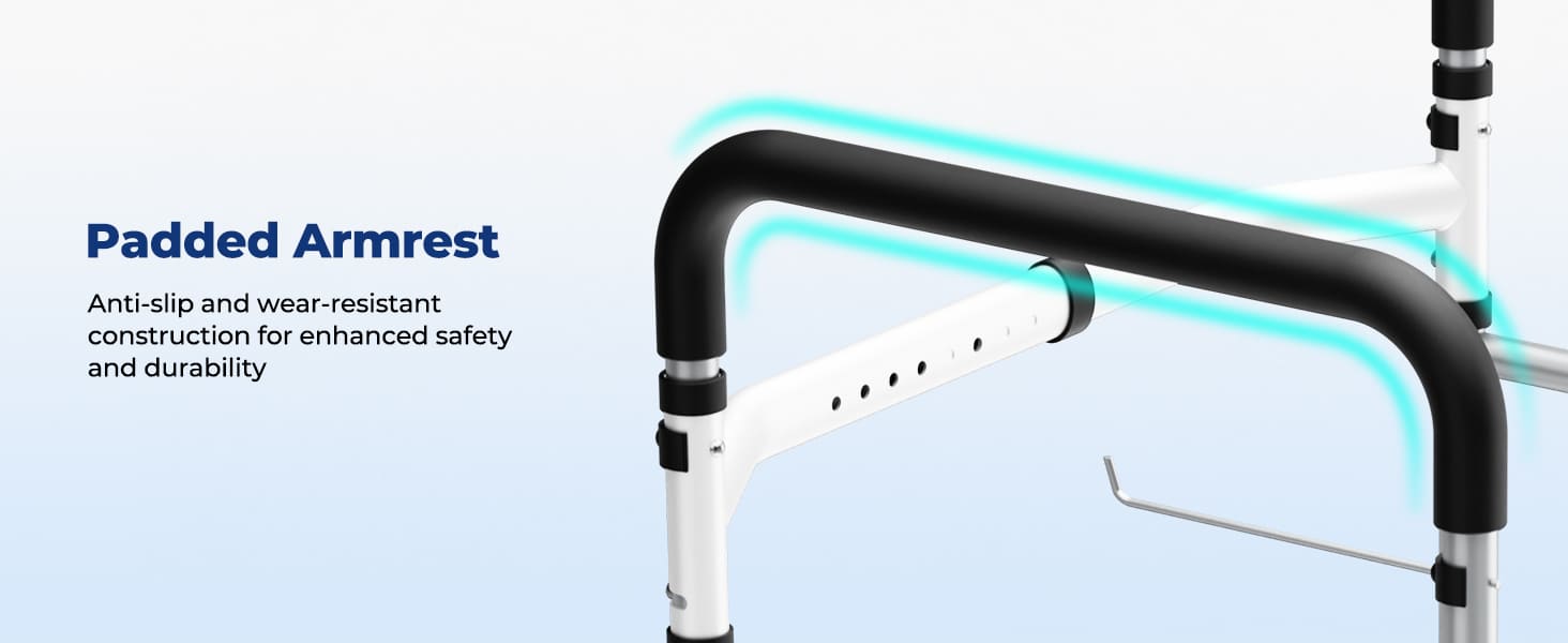 Close-up of WHLICKS toilet safety rails padded armrest highlighting safety, durability, and comfort on a light blue background.