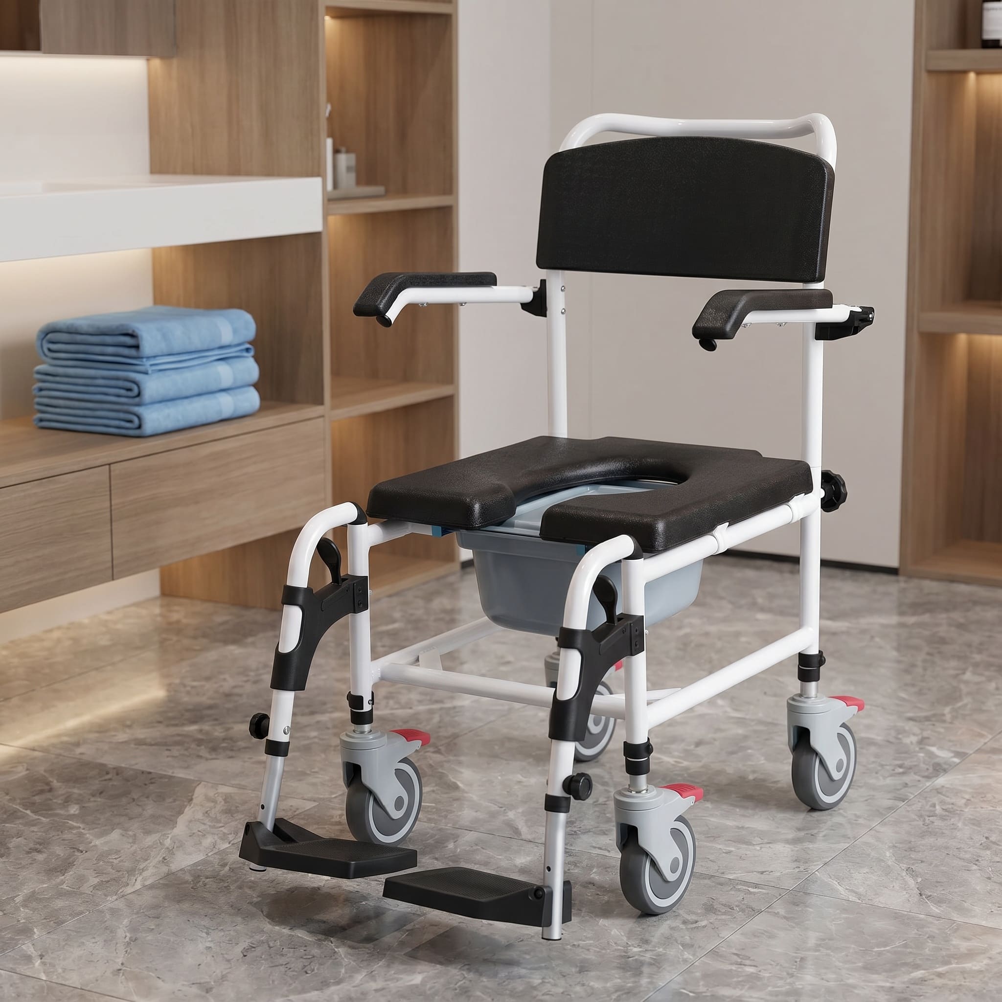 4-in-1 Shower Commode Wheelchair with Wheels & Adjustable Height