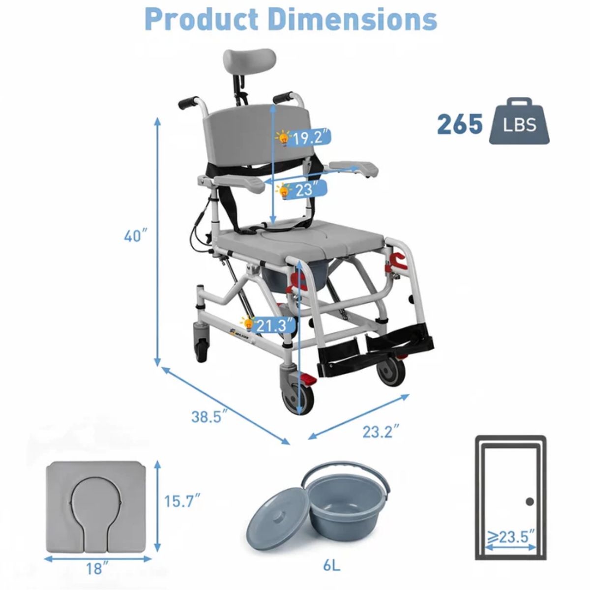 30-degree reclining shower wheelchair for assisted bathing and toileting