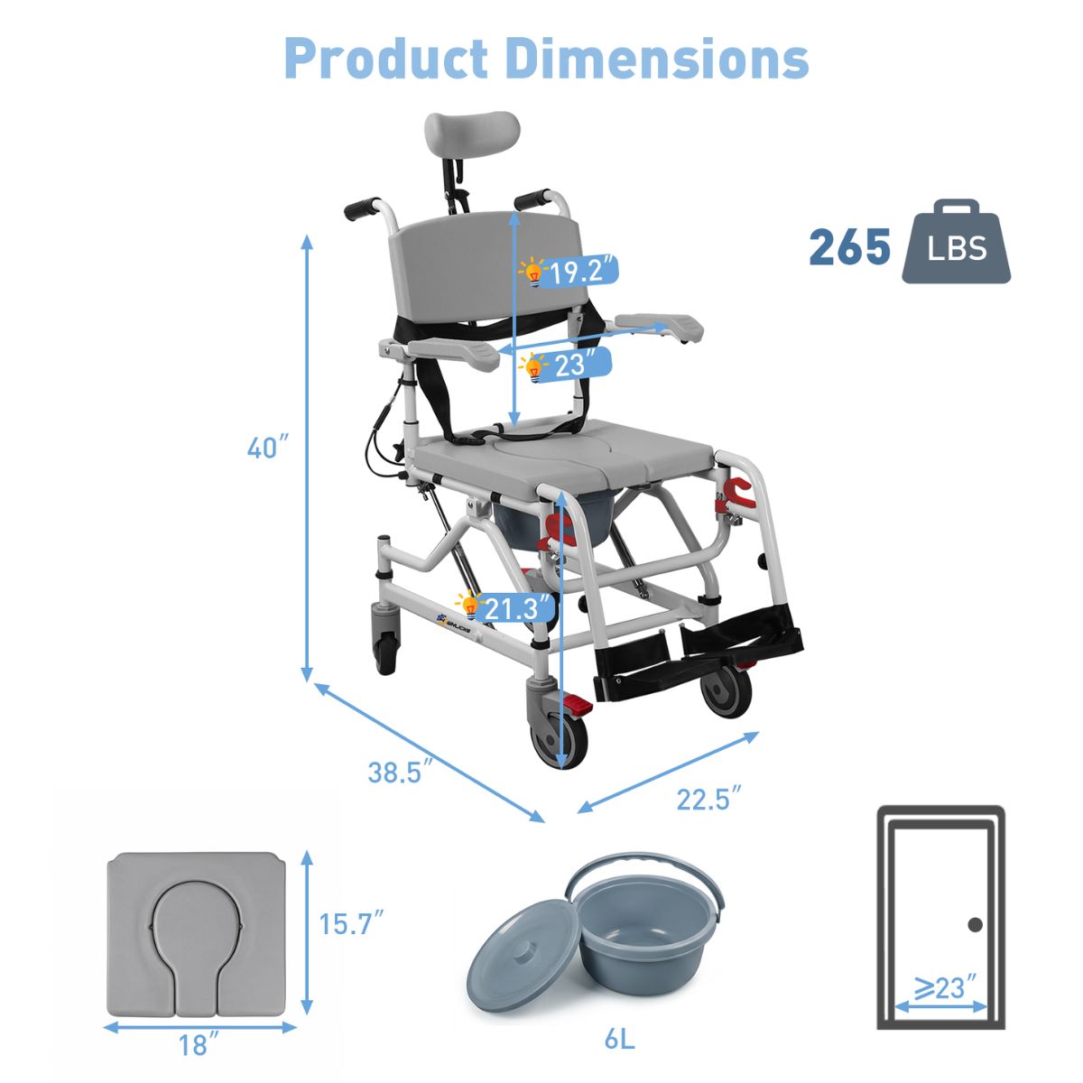 30-degree reclining shower wheelchair for assisted bathing and toileting