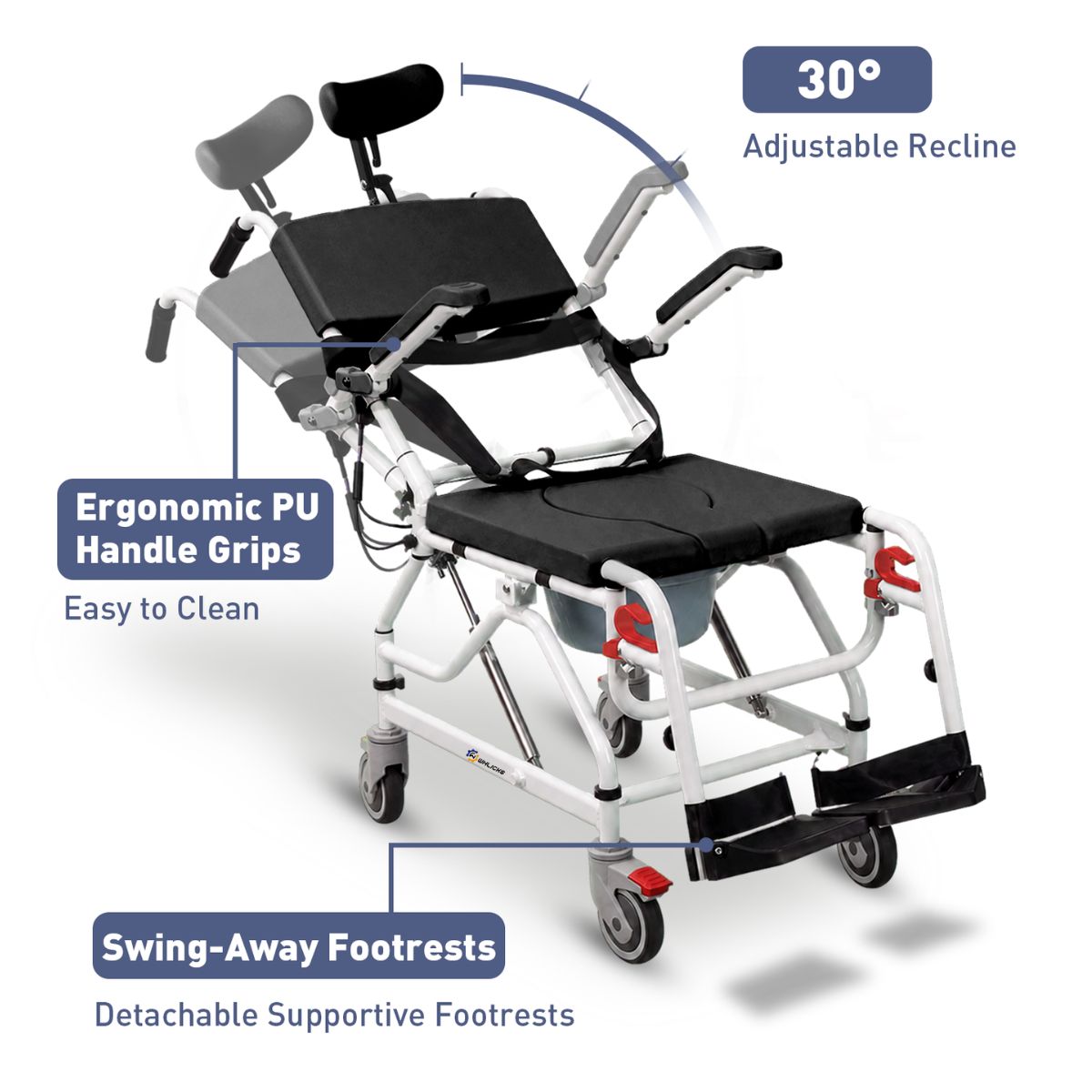 Reclining shower wheelchair with adjustable and removable footrests