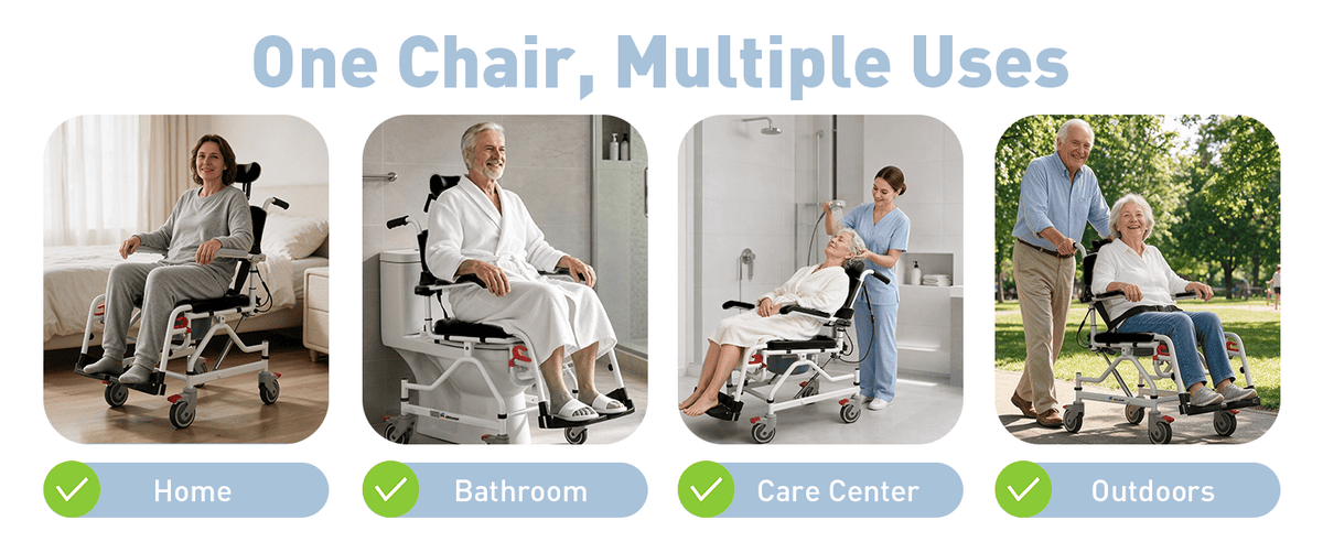 Rolling shower chair with pull-out commode bucket and open-bottom seat