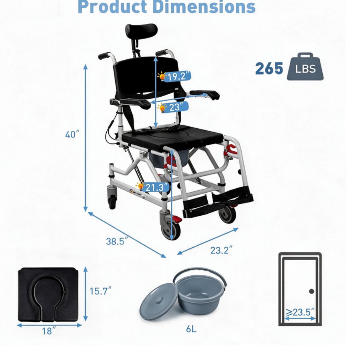 Shower wheelchair with wheels and 5-inch 360-degree swivel casters