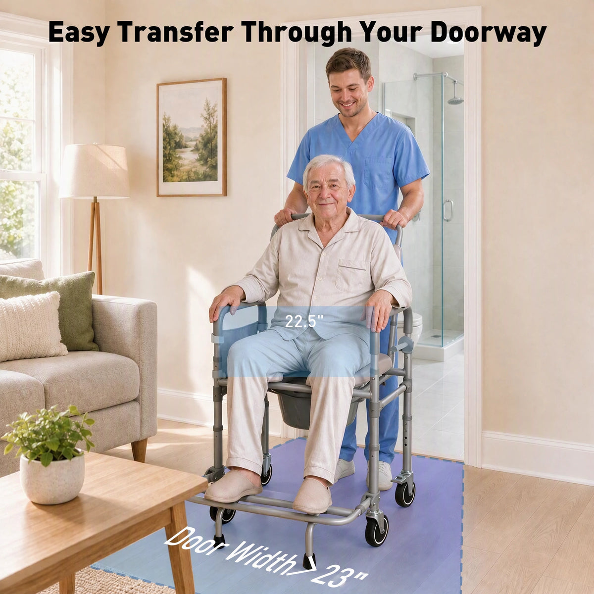 BS16 rolling commode chair being pushed through a doorway