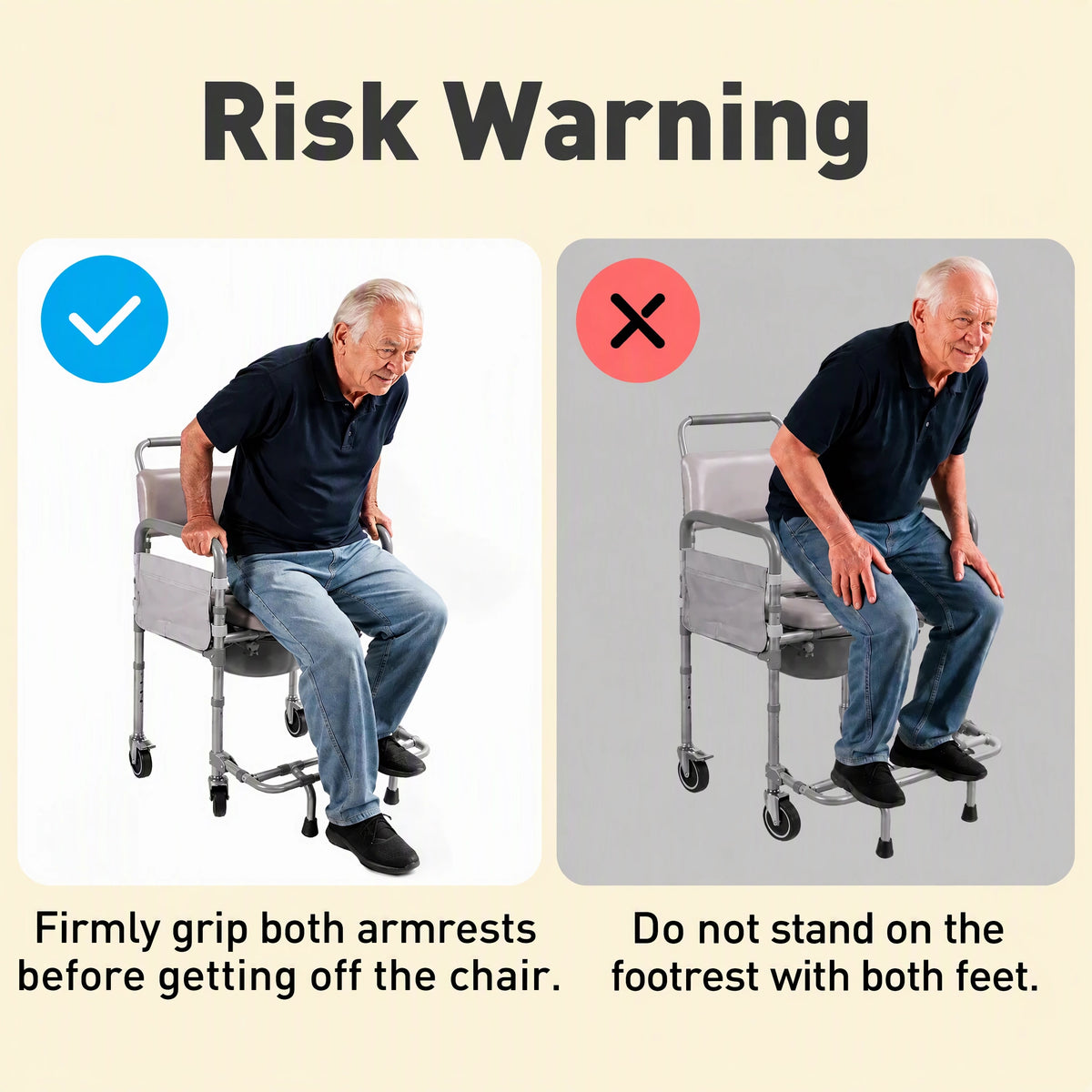 BS16 commode chair use warning: grip both armrests and do not stand on the footrest