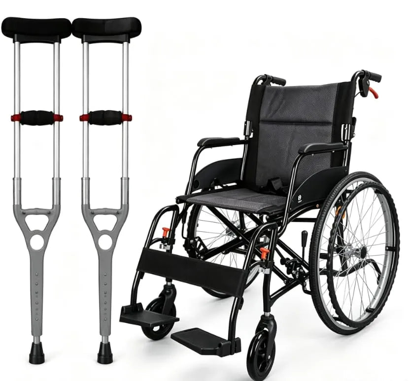 Gray Folding Manual Wheelchair & Padded Underarm Crutches Bundle