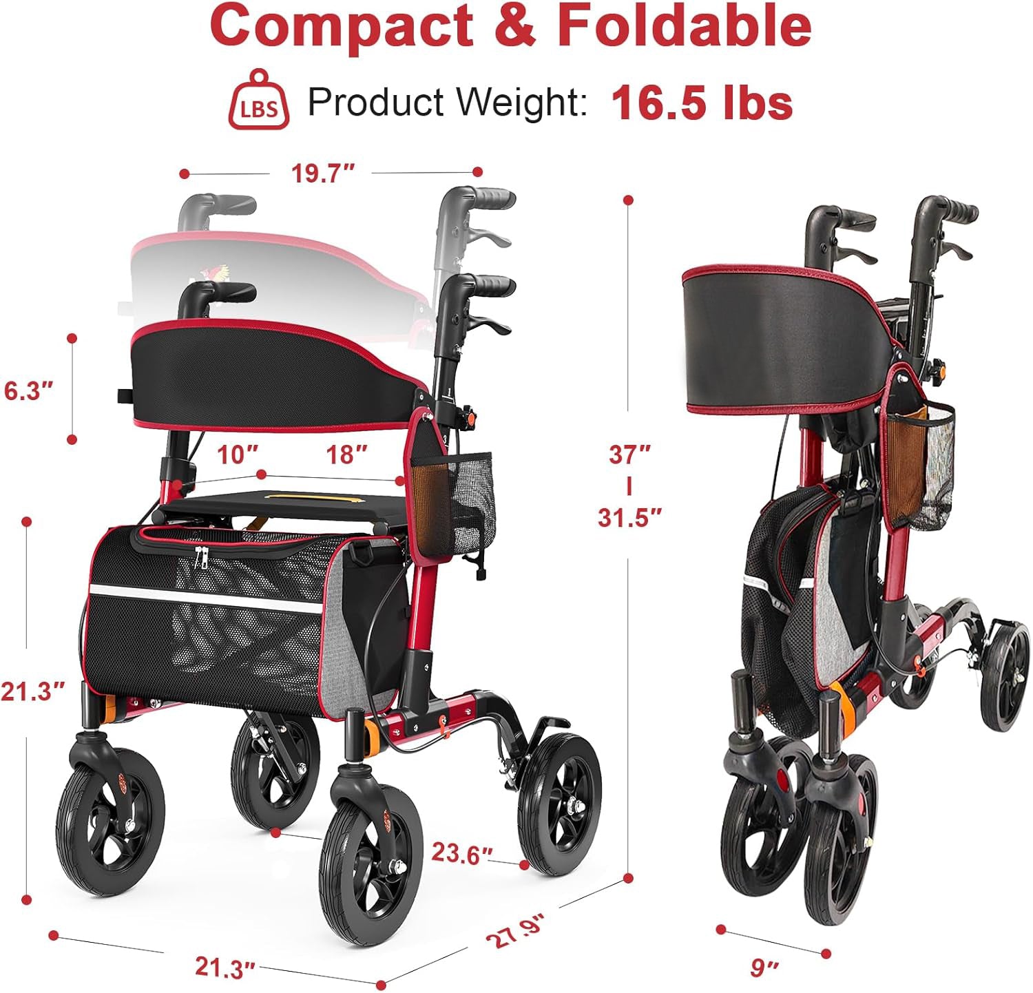 compact and foldable rollator walker