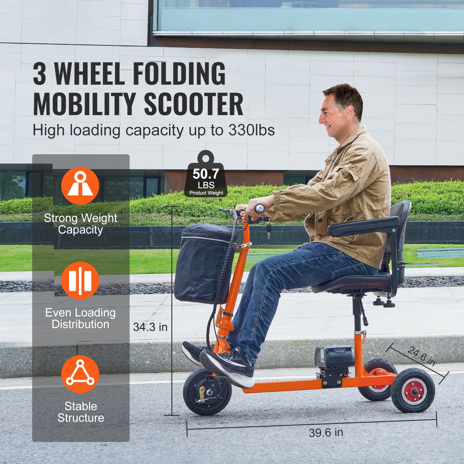 Veror 3 Wheel Travel Scooter Foldable Mobility Scooter Portable Scooter for Seniors Long Range