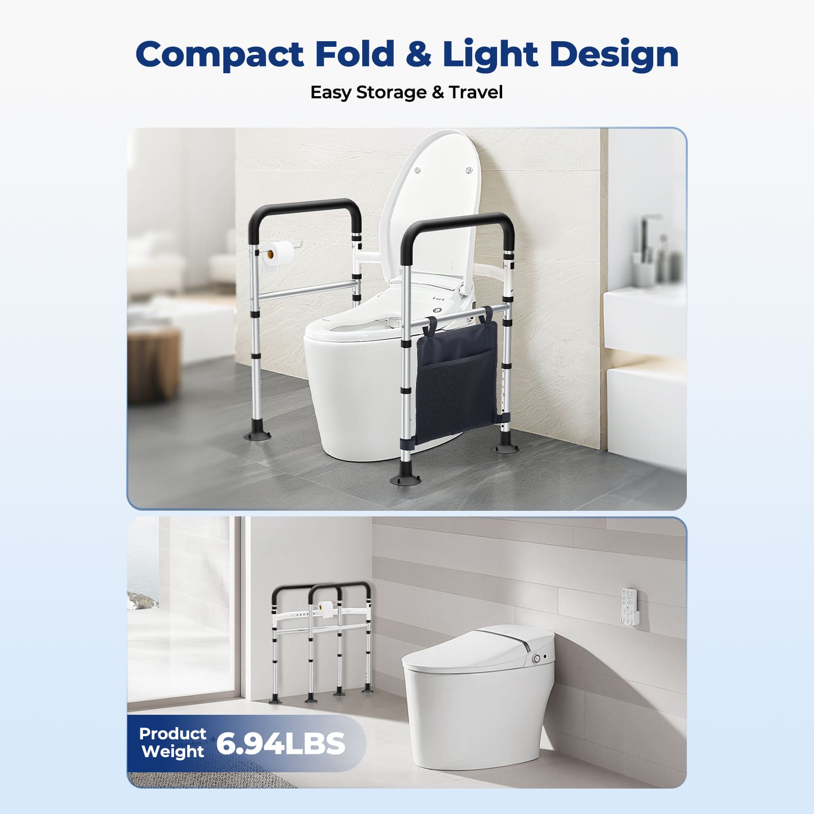 WHLICKS Toilet Safety Rails for Seniors – Adjustable, Foldable, Supports 350 lbs
