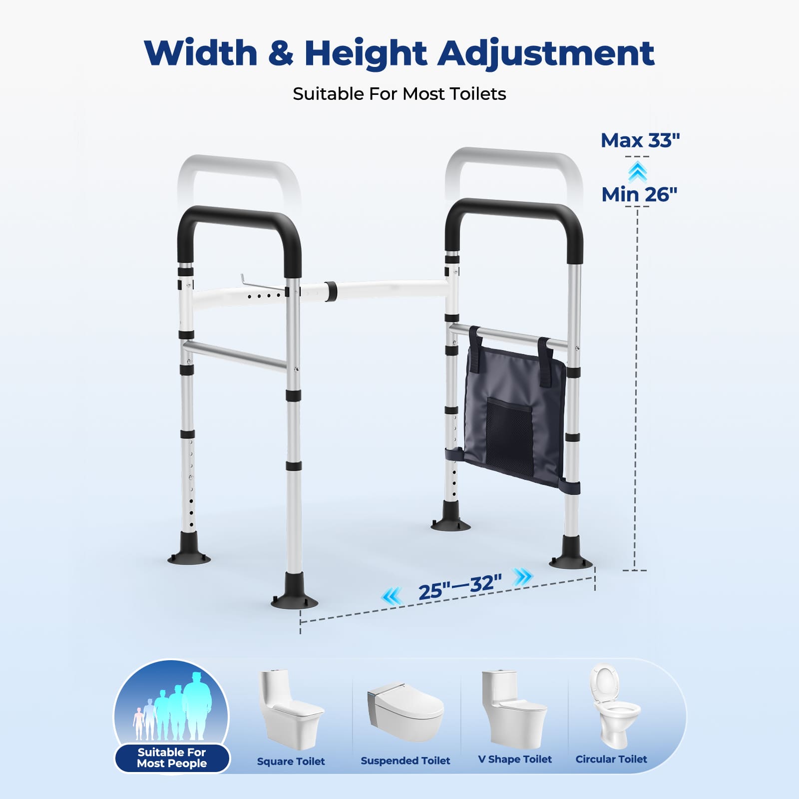 WHLICKS Toilet Safety Rails for Seniors – Adjustable, Foldable, Supports 350 lbs