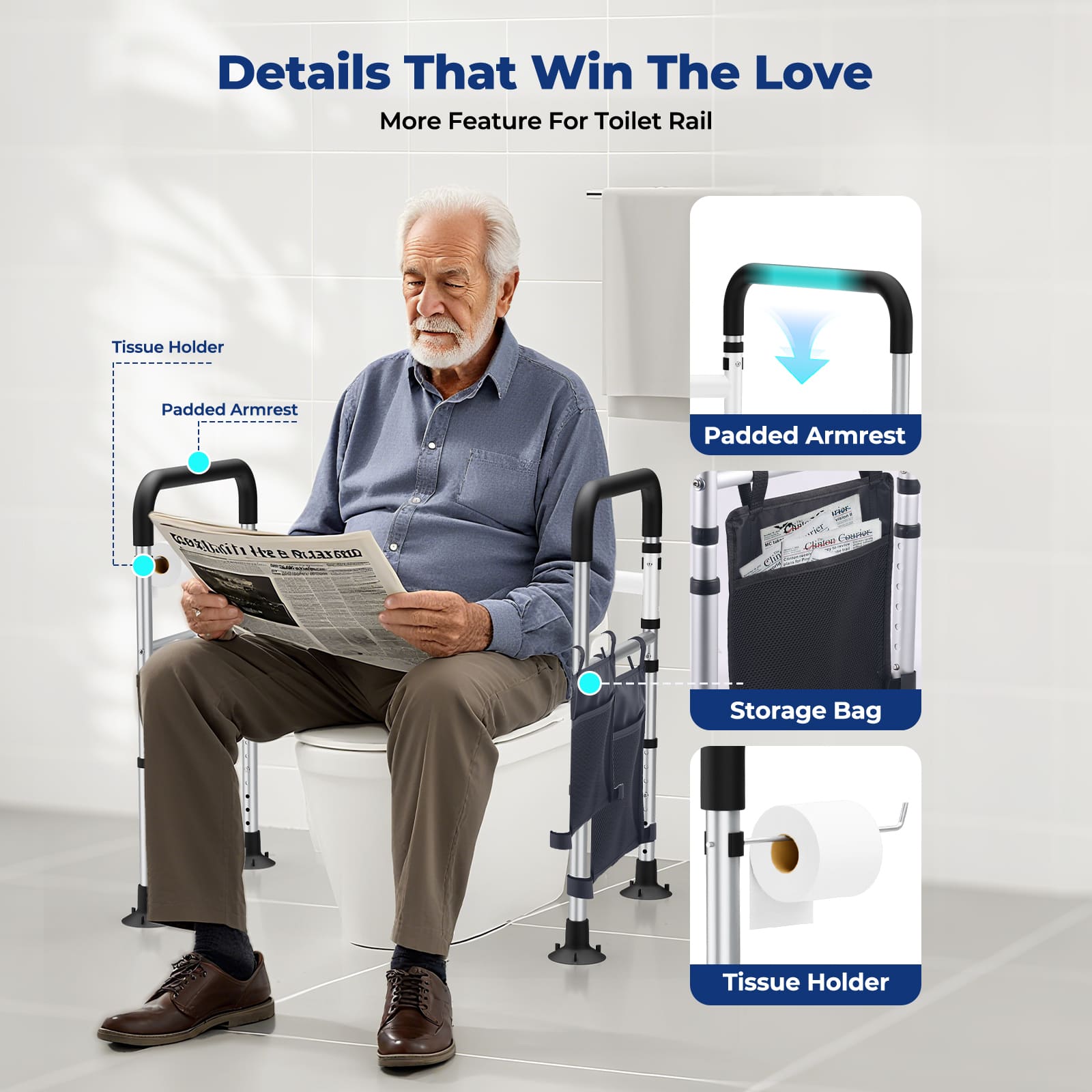 WHLICKS Toilet Safety Rails for Seniors – Adjustable, Foldable, Supports 350 lbs