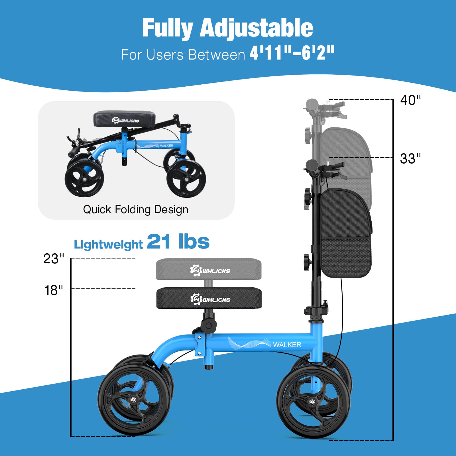WHLICKS Foldable Knee Scooter for Foot Surgery & Ankle Injury Recovery – Steerable Crutch Alternative with Basket