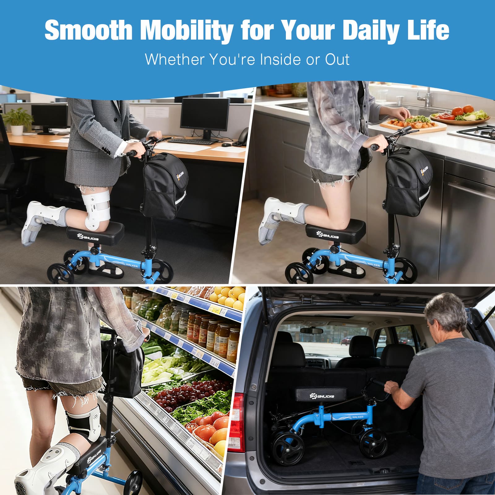 WHLICKS Foldable Knee Scooter for Foot Surgery & Ankle Injury Recovery – Steerable Crutch Alternative with Basket