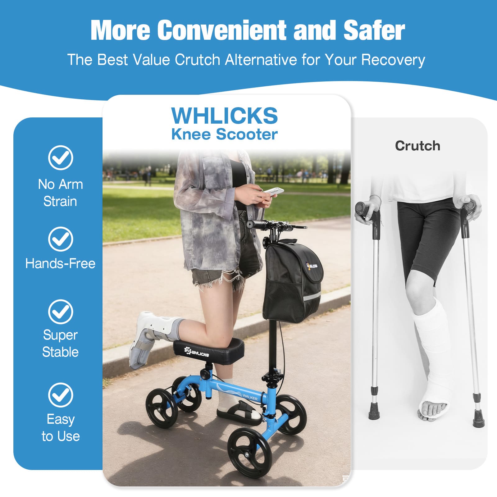 WHLICKS Foldable Knee Scooter for Foot Surgery & Ankle Injury Recovery – Steerable Crutch Alternative with Basket