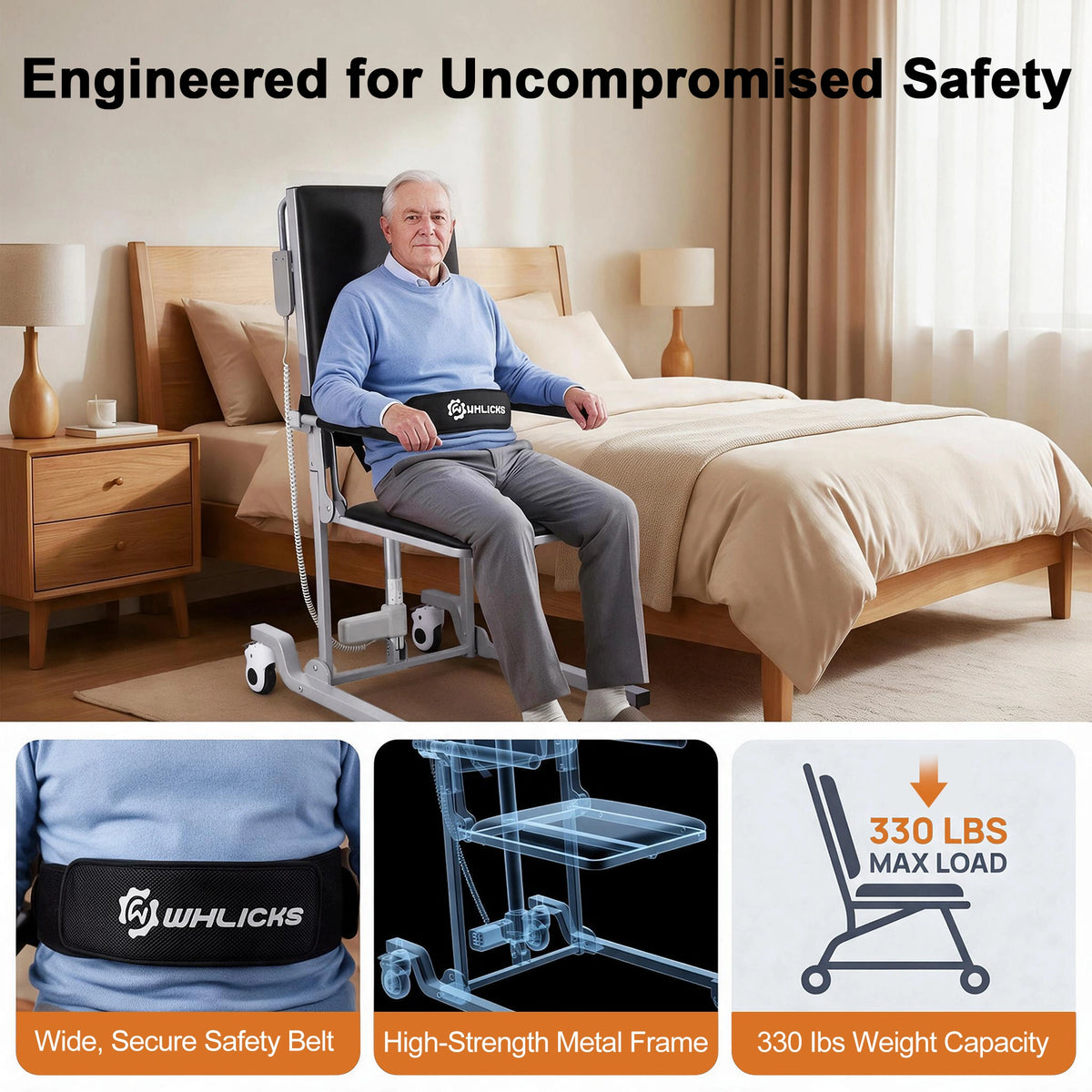 WHLICKS black electric floor lift chair showing a seated user, a wide safety belt, a metal frame, and 330 lb capacity.