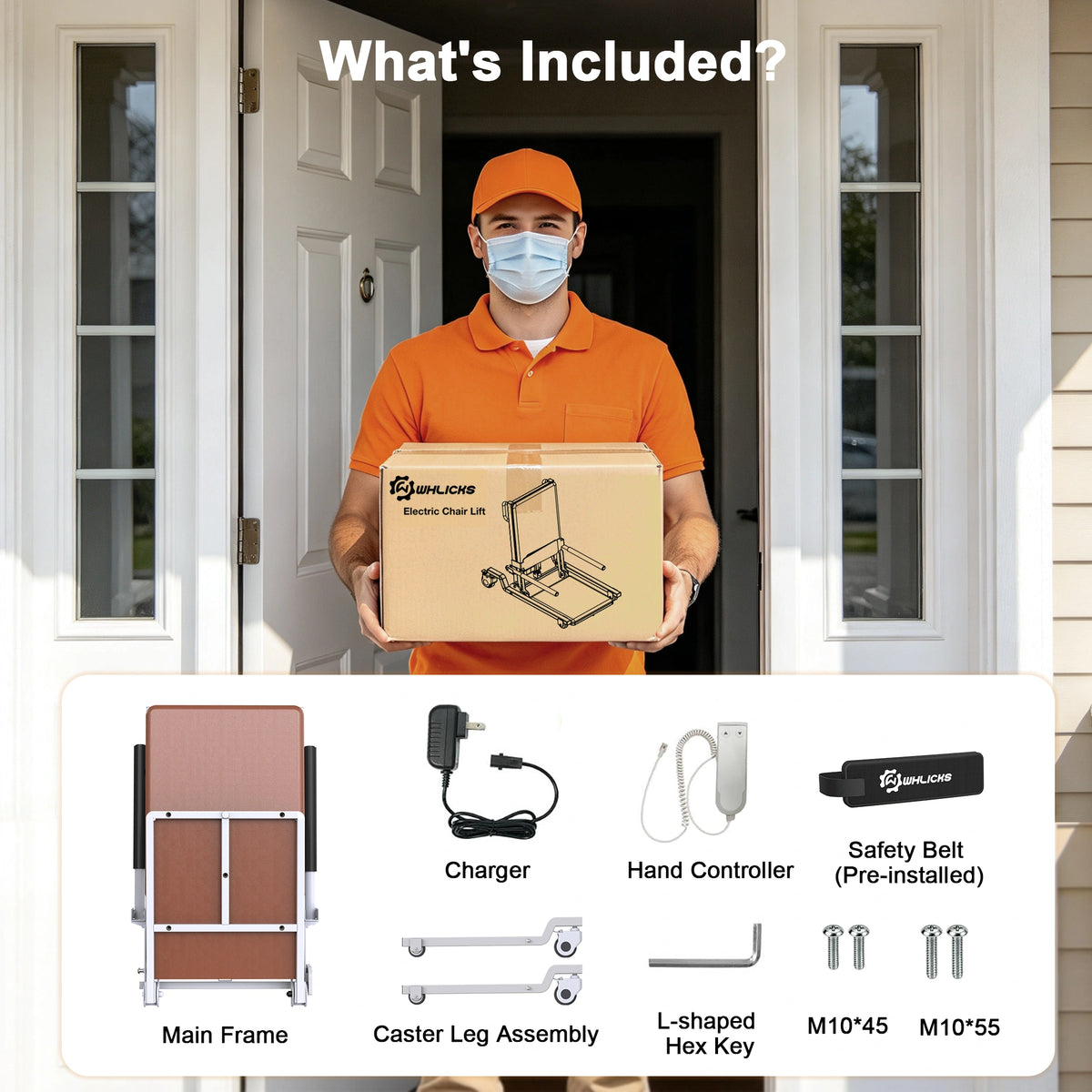 WHLICKS brown electric floor lift chair package contents, including the main frame, charger, hand control, belt, and hardware.