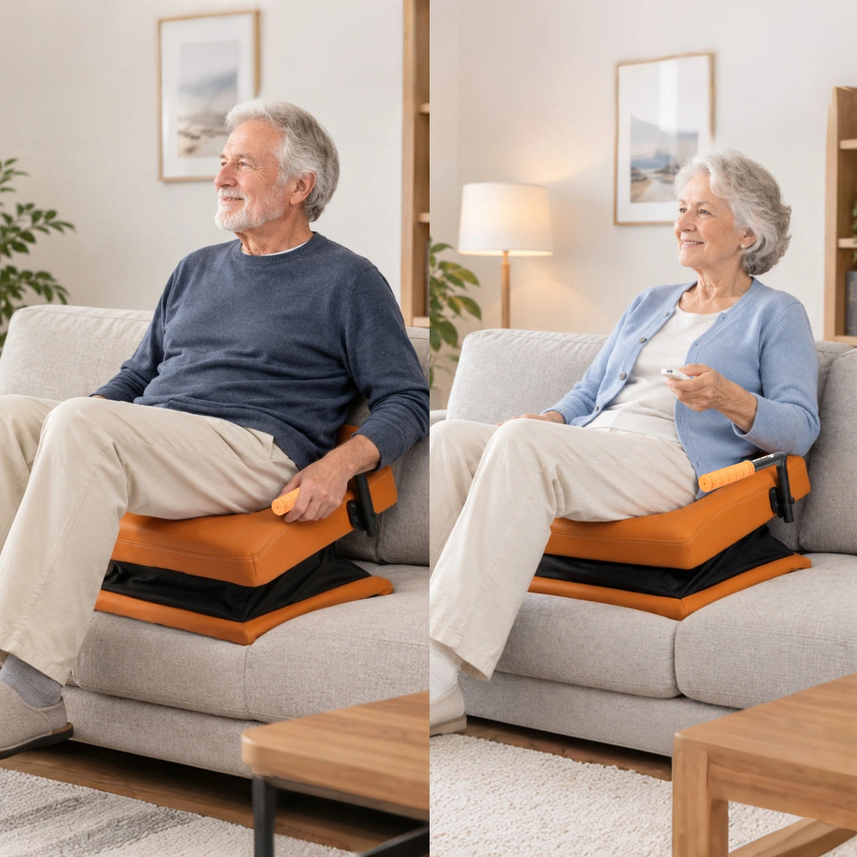 WHLICKS orange electric chair lift assist cushion shown in a sit-to-stand sequence with the seat tilted upward.