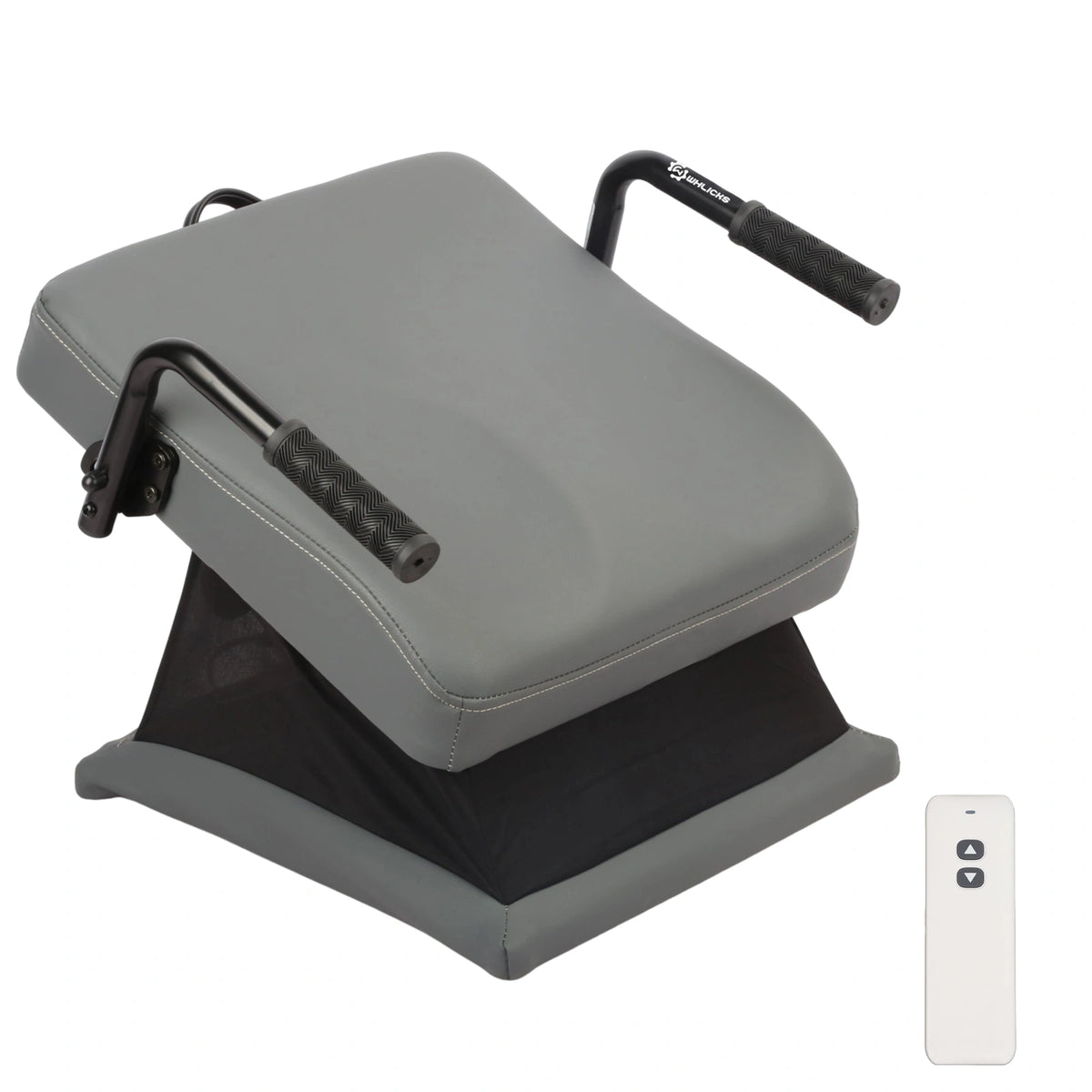 WHLICKS gray electric chair lift assist cushion with wireless remote and dual side handgrips on a white background.