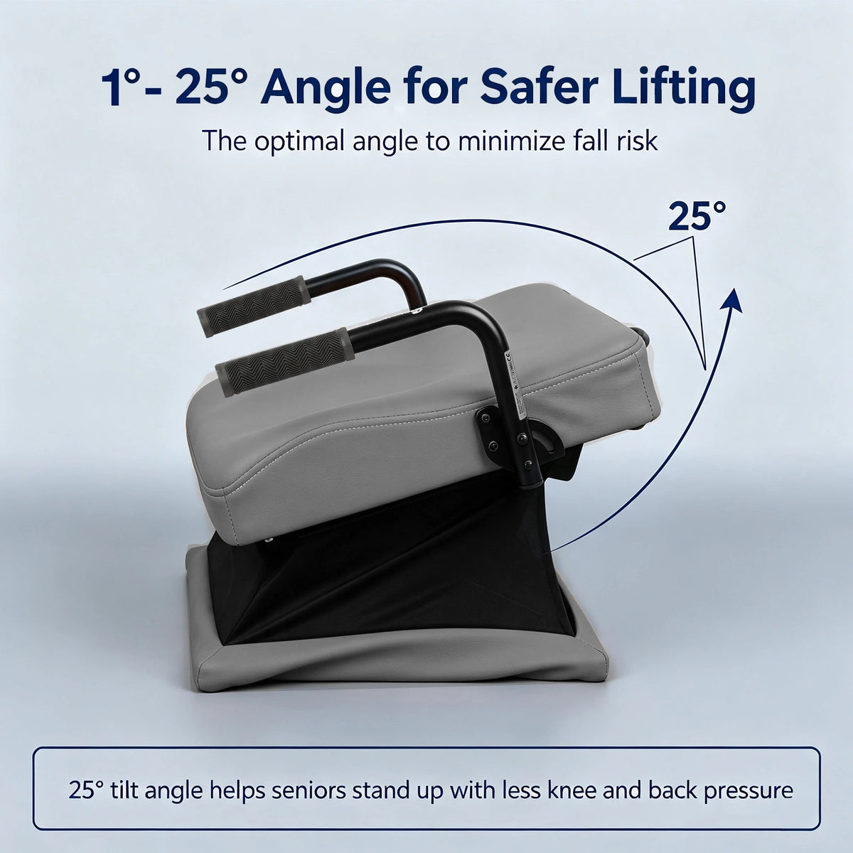 WHLICKS gray electric seat lift cushion illustrated at a lifting angle of up to 25 degrees for sit-to-stand assistance.