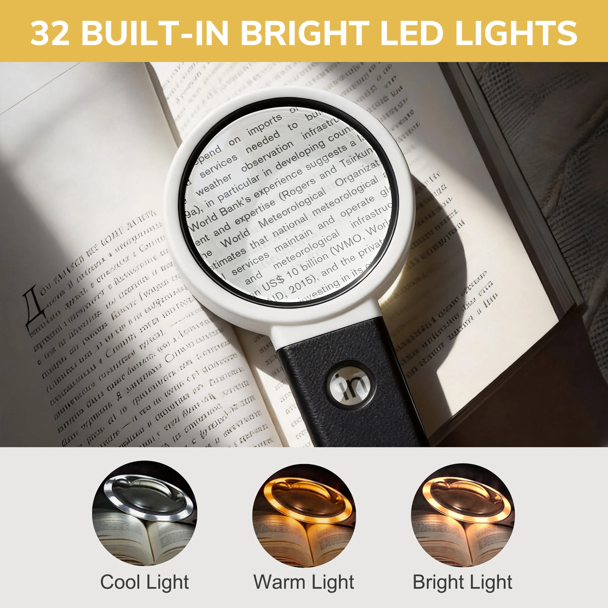 10X/25X Magnifying Glass with Light & Foldable Stand, 32 LEDs