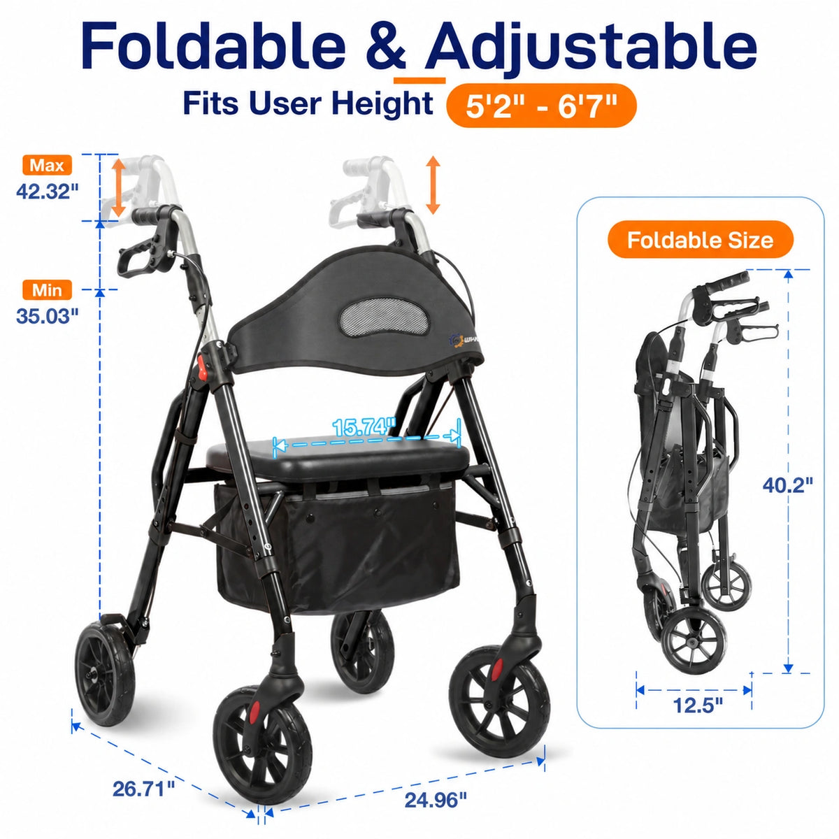 Adjustable Rollator Walker with Padded Seat & Backrest, 350 lb Capacity