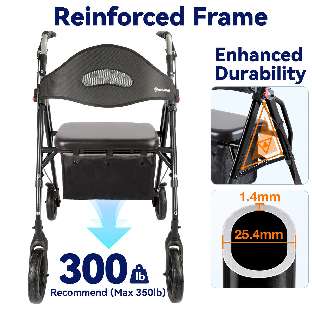 Adjustable Rollator Walker with Padded Seat & Backrest, 350 lb Capacity