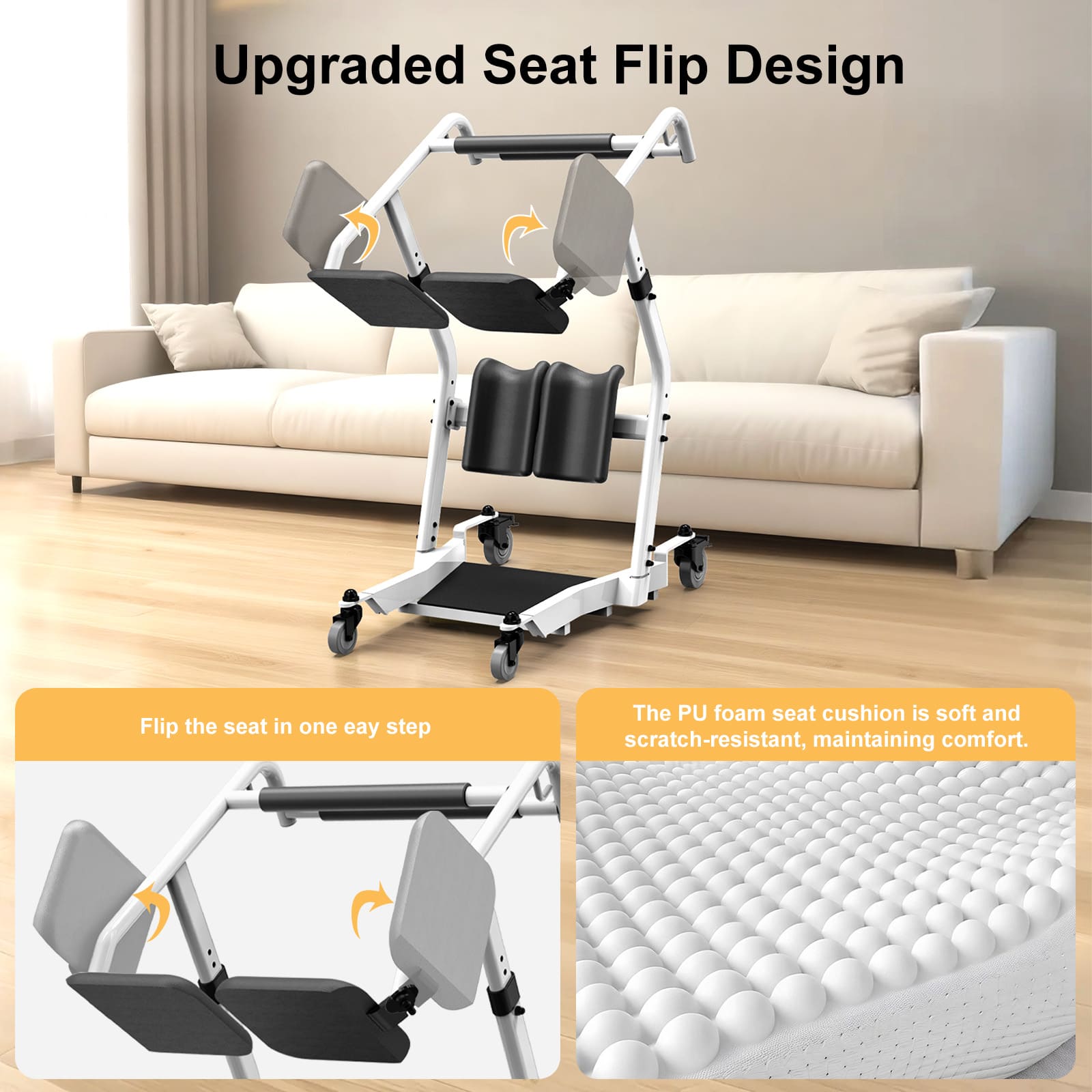 Portable lift with upgraded seat flip design in a living room setting
