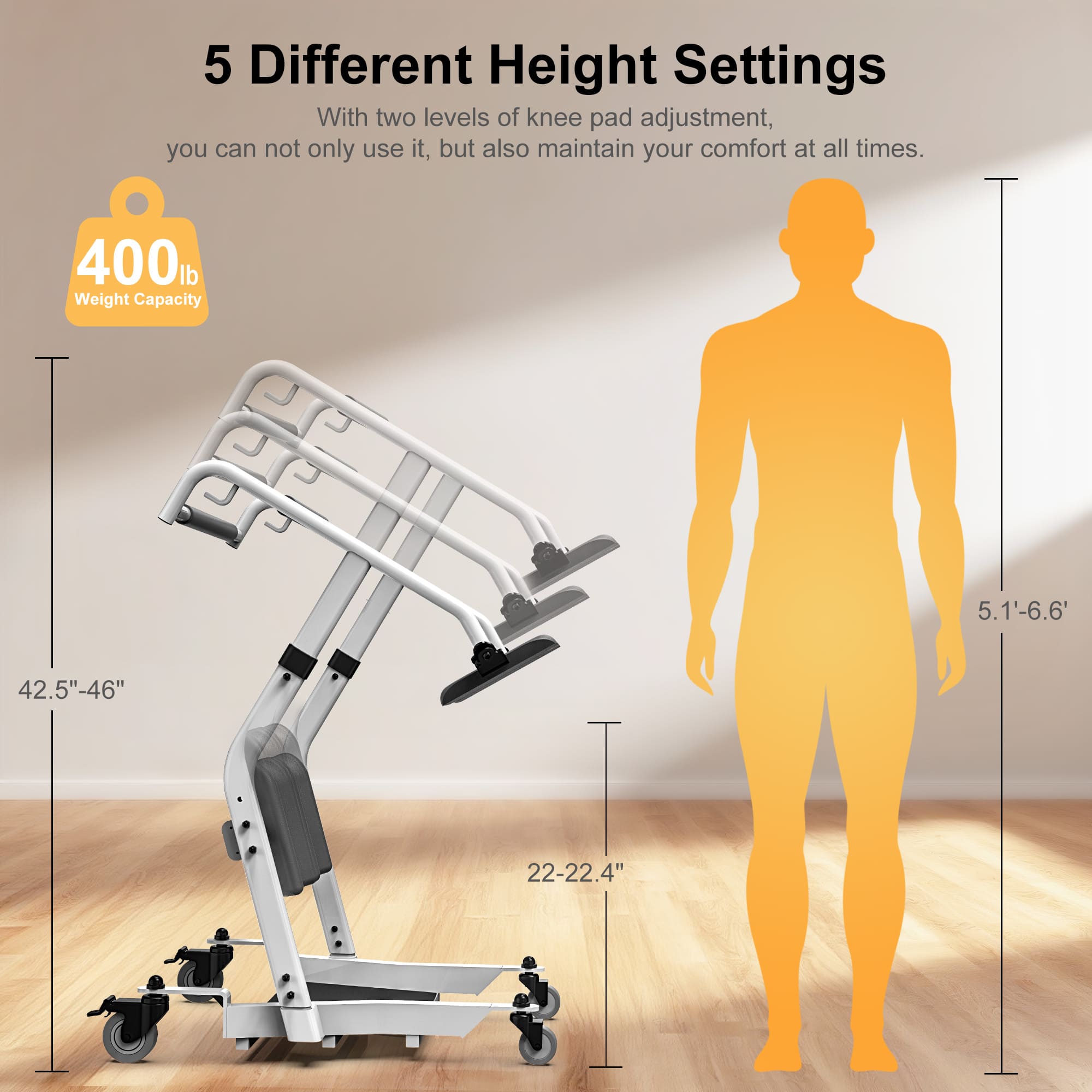 Whlicks Stand up lift Adjustable height stand with measurements and a human figure for scale on a wooden floor.
