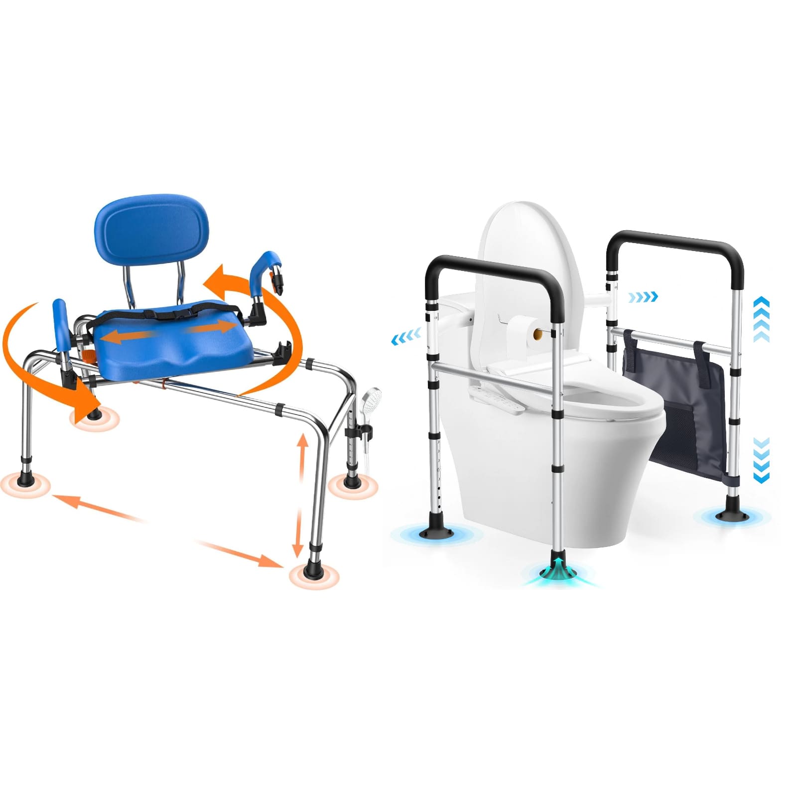 Assistive devices for elderly or disabled people, including a blue showchair and two adjustable handrails.